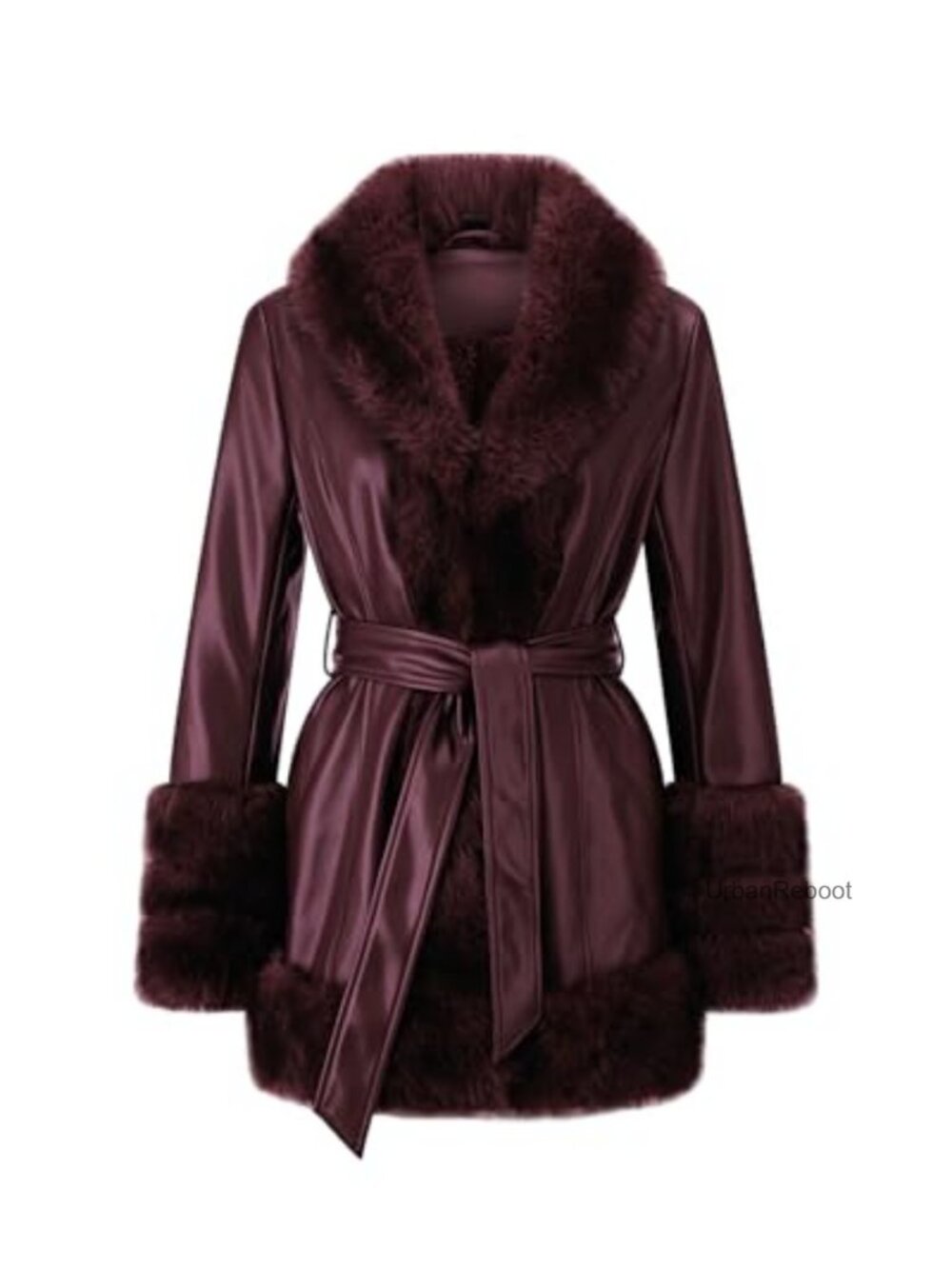 Faux Fur Lined Faux Leather Jacket Belted Overcoat Fox Fur Trim Warm Winter Coat